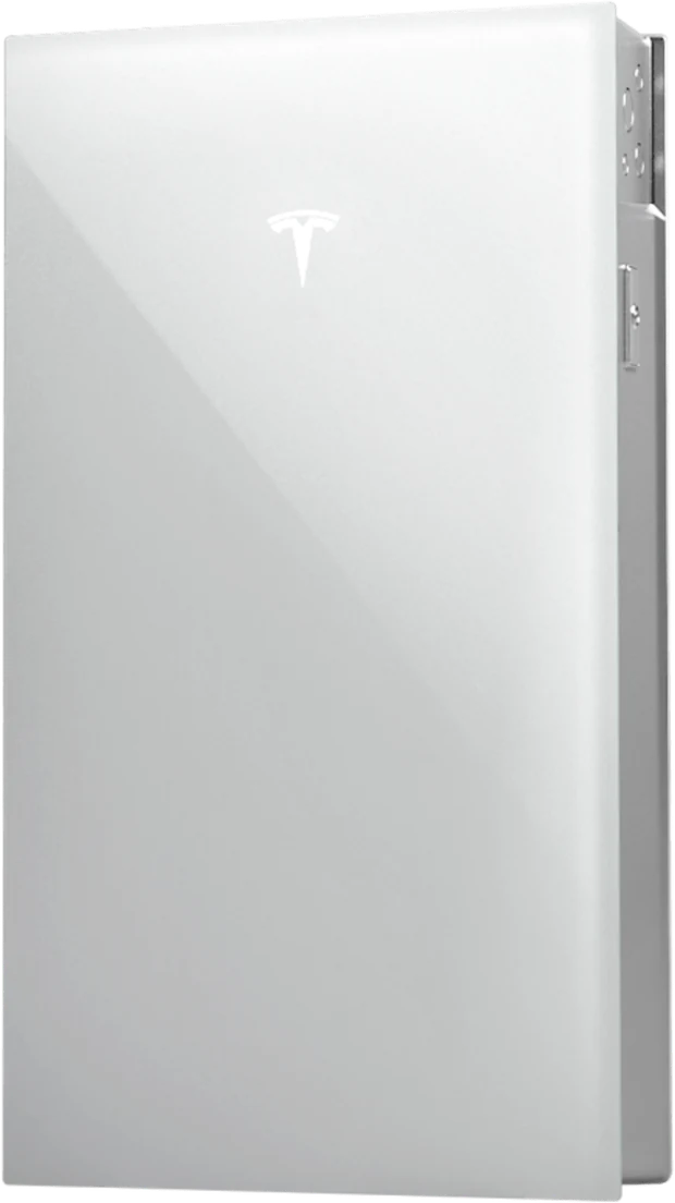 A Tesla Powerwall home battery, three quarter view, a flat white front panel with the mounting bracket visible at the side.